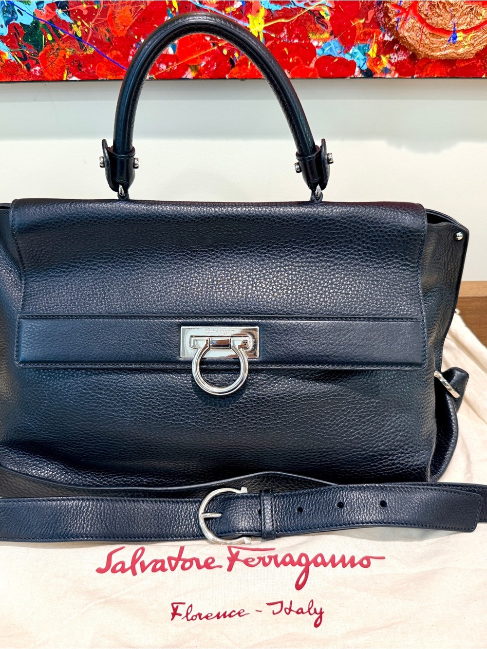 Salvatore Ferragamo Gancini Soft Sofia Black Pebbled Leather Satchel